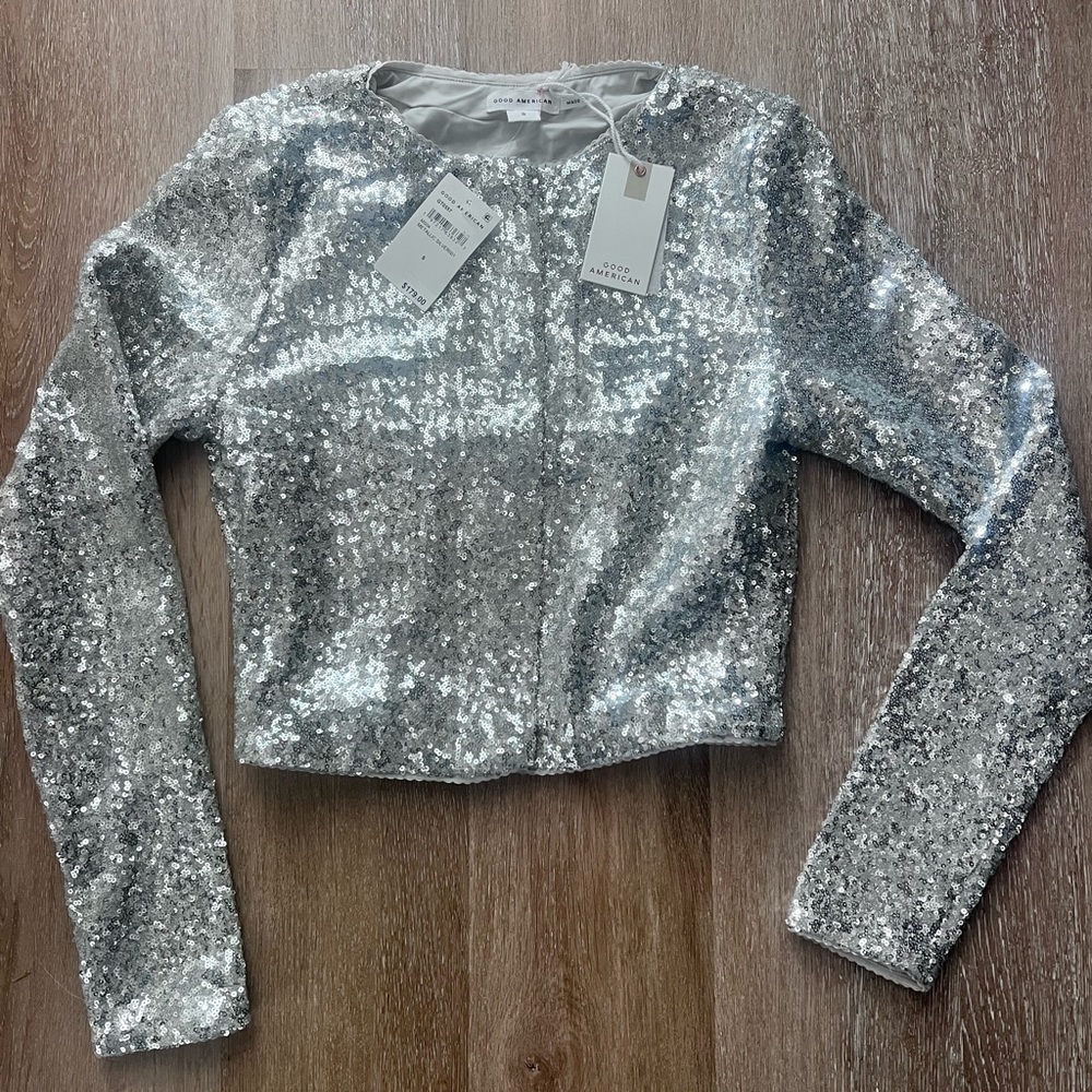 Good American Metallic Silver 8 Button Crop Jacket